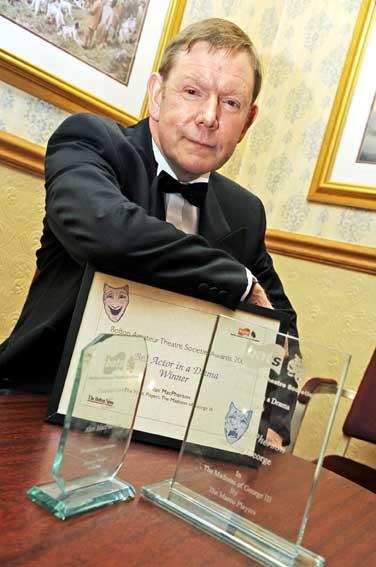 Marco stalwart Alan Macpherson with his Lifetime Achievement award and the 
award for Best Actor in a Drama at the 2009 Bolton News BATS awards.