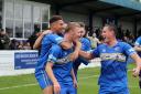 Radcliffe celebrate a goal against Hyde United. Picture: Beth Lee  