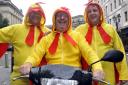 CHICKEN: Rob Balfour, Dave Bagley and Alan Holt launched the Chicken Run where they will ride 500 miles each on 50cc scooters