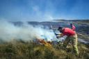 BATTLE: The firefighters work to extinguish the flames on the moors