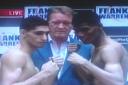 Amir, Frank Warren and  Prescott at the weigh-in at lunchtime on Friday. Picture courtesy Sky Sports