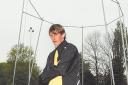 SETBACK: Mike O’Donnell, aged 18, beside the empty frame after thieves stole a net used for hammer and discus throwing