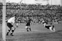 Nat Lofthouse heads home England's first goal against Belgium at the 1954 World Cup finals