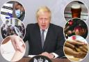 Boris Johnson with a picture of someone handing out a coronavirus test, a pint of beer, a wedding held inside a church, a bauble on a Chrristmas tree, a vaccine being administered, and someone holding hands with an elderly person