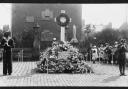 The war memorial outside Top Chapel, Tyldesley, circa 1919 which was later moved to Tyldesley Cemetery (picture courtesy of Wigan Archives and Local Studies)