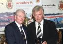 Harry Lane, right, receives the Lancashire FA long service award, for his 50 years at Old Bolts. Pic: Clive Lawrence