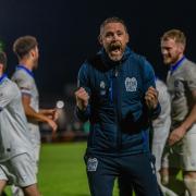 Bury FC boss Andy Welsh celebrates his side’s superb comeback win at Wythenshawe Town on Tuesday Picture: Phil Hill