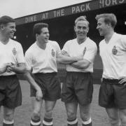 Bobby Charlton, right, with team-mates Tommy Banks, Wilf McGuinness and Tommy Wright all wearing Bolton Wanderers kit at Burnden Park in 1958