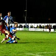 Colls skipper Lewis Mansell scores to make it 1-1 at Lancaster City. Picture by Rob Clarke