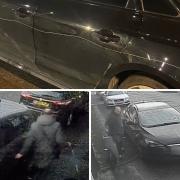 Peter Burgess' vandalised Audi A4, top and CCTV images of a man appearing to scrap cars with a sharp object