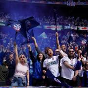 Bolton Wanderers fans celebrate at Wembley for the 2023 Papa Johns Trophy final