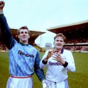 Keith Branagan and John McGinlay leave the field after an FA Cup win at Wolves in 1993