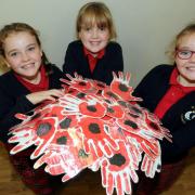 Pupils Mia Kelly, Cerys Hickey and Shannon Kelly with a hand of poppies