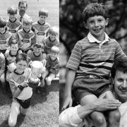 Steven (middle row far left) with the victorious 1991 High Lawn football team and right, with his dad Don, in 1988