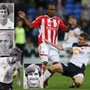 WANDERERS AND SHAKERS: Main picture, Joe Riley on his Bolton debut against Stoke in 2011 and, insets from top, John Ritson, Ronnie Phillips, Peter Valentine and Simon Farnworth