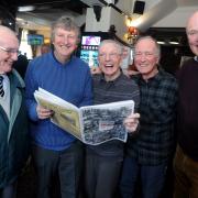 Ex Bolton Evening News photographers from left Tom Armstrong, Martin Birchall, Frank Knowles, Frank Wood and Mike Grimes during a reunion at The Hen and Chickens pub, Deansgate.