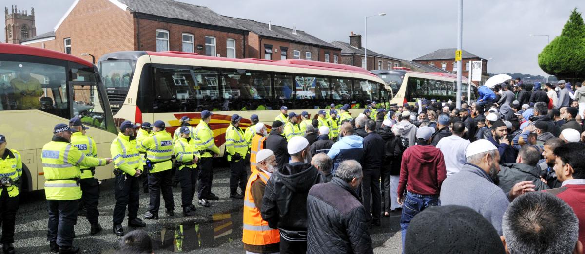 A protest organised by the North West Infidels against the building of a mosque off Blackburn Road, Astley Bridge.
