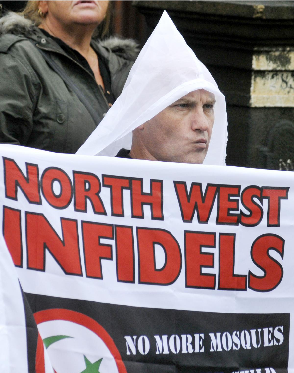 A protest organised by the North West Infidels against the building of a mosque off Blackburn Road, Astley Bridge.