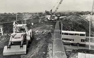 Demolition of railway bridge, Manchester Road, Bolton, 1984
