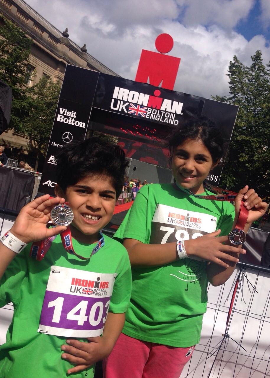 Ironkids finishers seven-year-old Mu'awiyah Gani and Aafiyah Gani, aged nine, from Ladybridge.