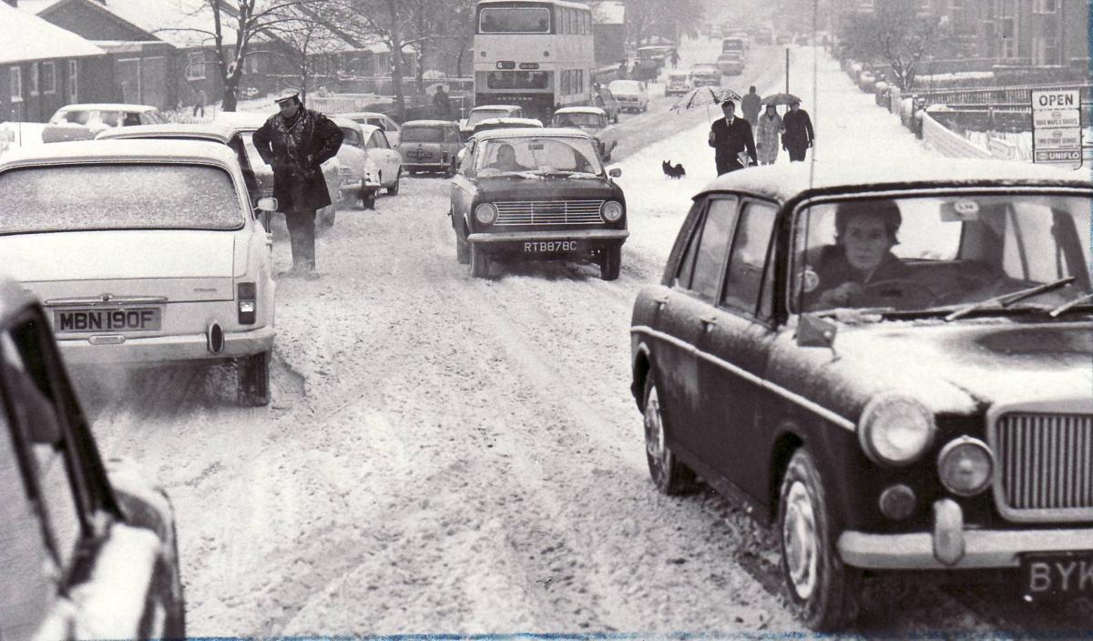 February 1970 - Treacherous conditions  in Hardy Mill Road, Harwood