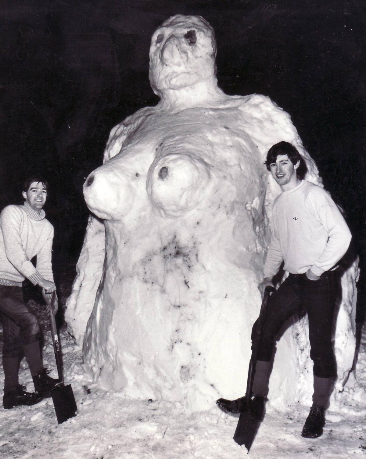 January 1984 - Dolly the snow woman made by brothers Alan (left) and Michael Owen in Westhoughton