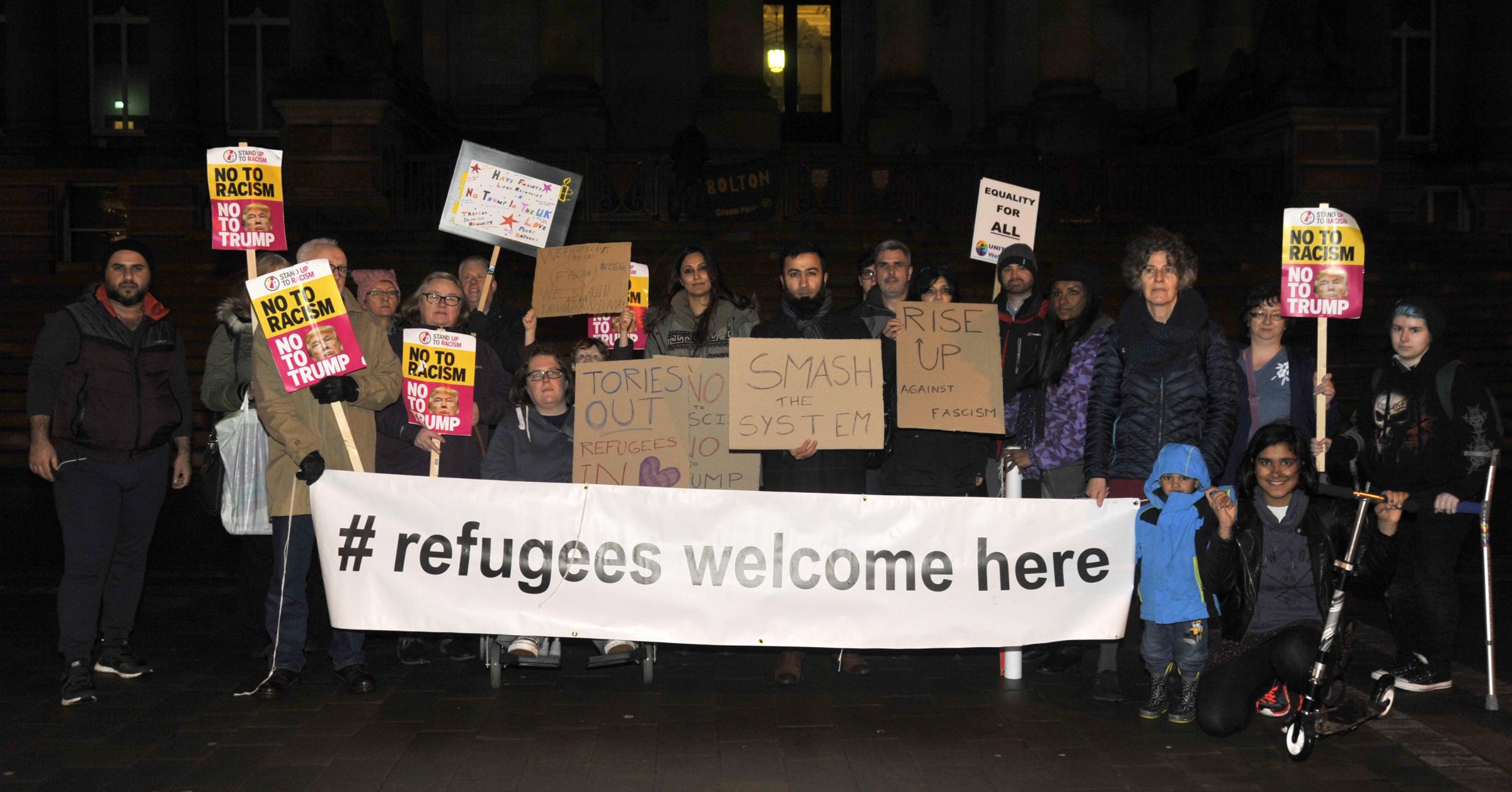 Protest on Bolton Town Hall steps against Donald Trump state visit