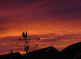 This photograph was taken by reader Kay Bradshaw, of Bolton.
It shows a weather vane with a spectacular sunset behind it in the west. 
The picture was taken from Kay’s back garden at the end of a lovely sunny day.
