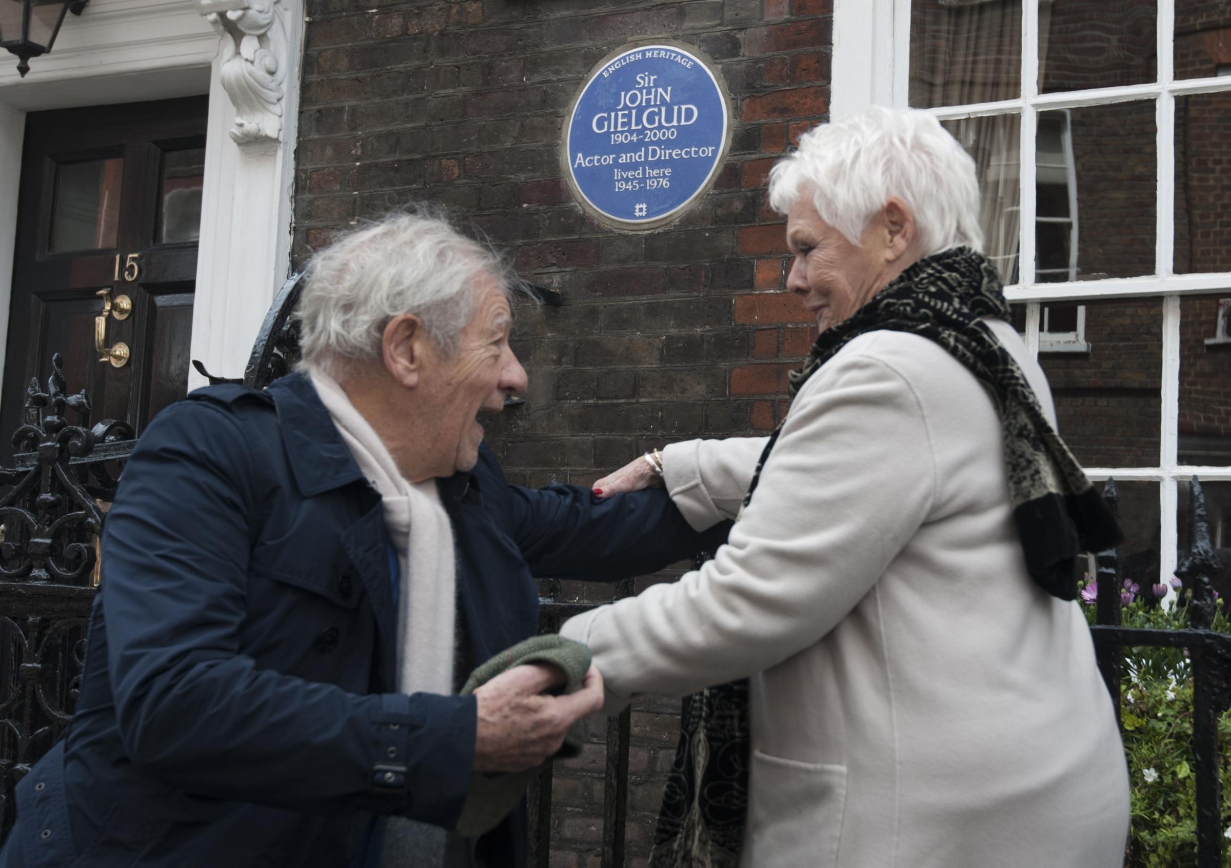 Dame Judi Dench and Sir Ian McKellen at the unveiling an English Heritage blue plaque to commemorate Sir John Gielgud at number 16 Cowley Street in Westminster, London, where he lived for 31 years.Picture by Lauren Hurley/PA Wire.