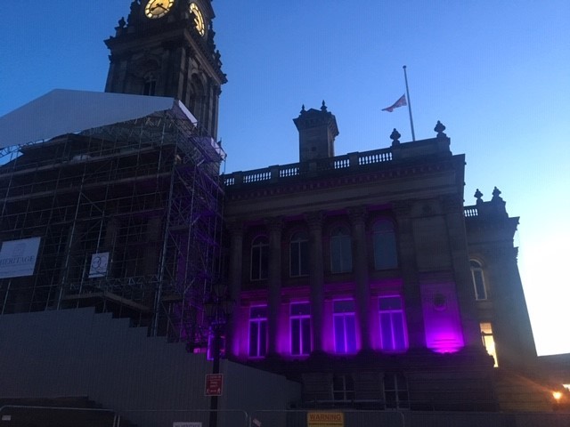 Bolton Town Hall lit up in purple in remembrance for Prince Philip