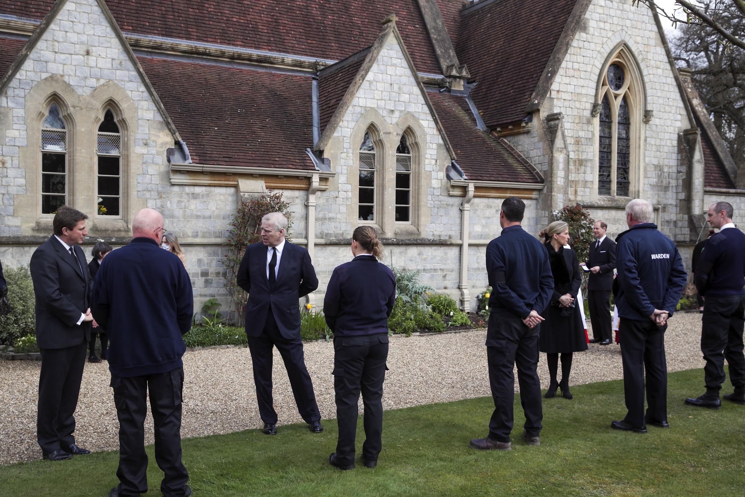 The Duke of York (third left) and the Countess of Wessex talk with Crown Estate staff as they attend the Sunday service at the Royal Chapel of All Saints at Royal Lodge, Windsor, following the announcement on Friday April 9, of the death of the Duke of