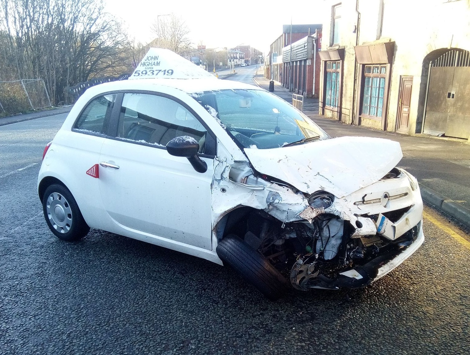 Mr Highams car after the crash on Blackburn Road in Astley Bridge