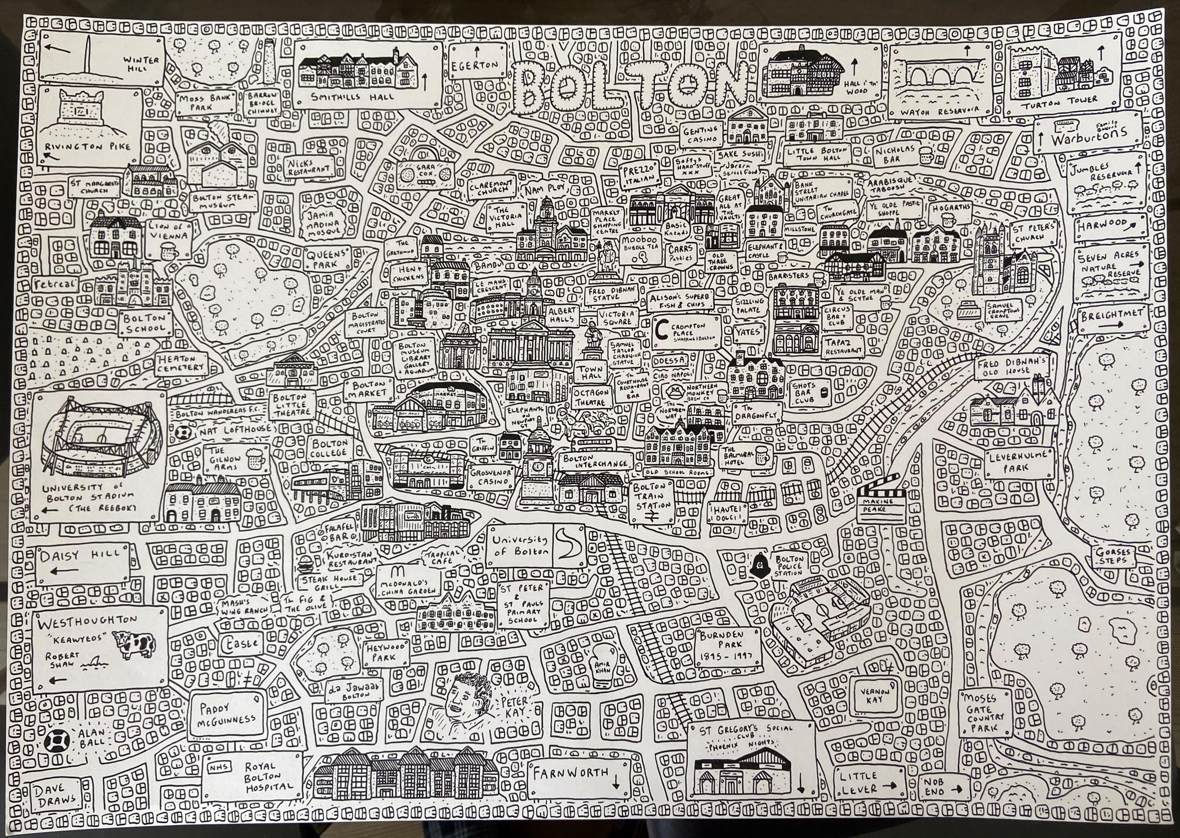 Bolton Doodle Map by artist Dave Draws