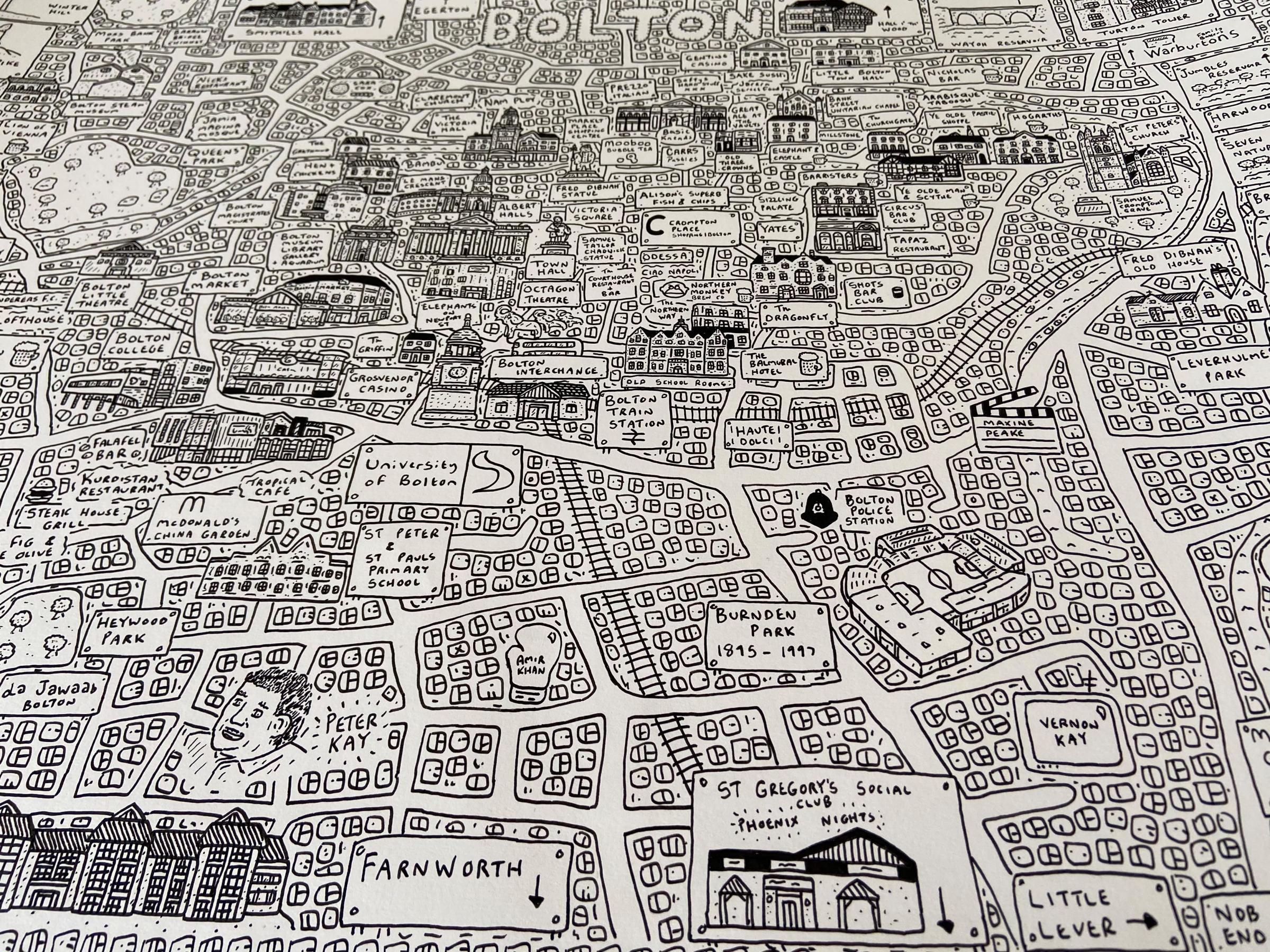 Bolton Doodle Map by artist Dave Draws