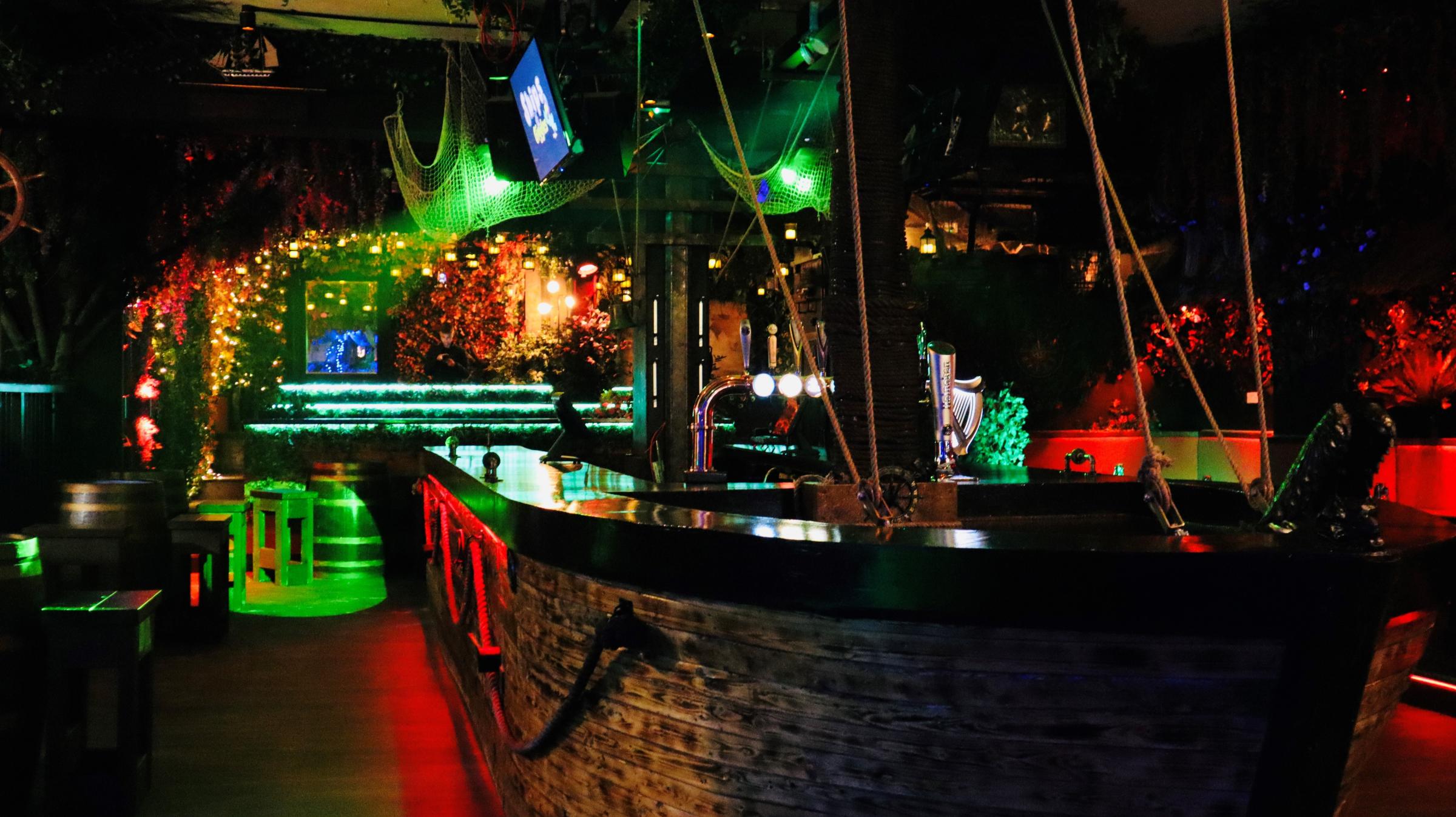 The bar is in the shape of a pirate ship