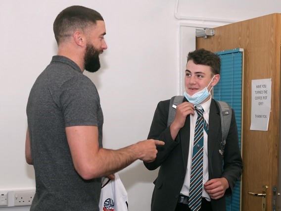 Surprise for Ollie Aspden as he meets Aaron Wilbraham at school. Picture: Harry McGuire