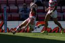 Matty Gee goes over for a try against Catalans Dragons, during the Betfred Super League match at Leigh Sports Village. Picture: Martin Rickett/PA Wire