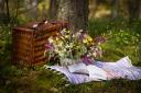 A picnic blanket and basket with flowers and a book. Credit: Canva