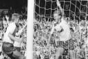 Former Bolton Wanderers striker Tony Philliskirk celebrates a goal against Orient with David Reeves