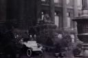 Car on steps of Bolton town hall, 1904