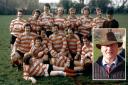 Ex rugby player Peter Kenyon who collapsed while watching Bolton Rugby Union Club, inset now, and main image second from right knelt down.