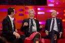 From left Hugh Jackman, Sir Ian McKellen and Patrick Stewart during filming of the Graham Norton Show.