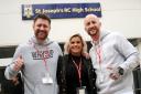 From left, Mark Murray, Kerry Katona and Liam McBride spoke with students at St Josephâs School High School, Horwich.