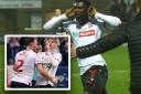 Amadou Bakayoko's famous celebration at Morecambe and, inset, Bradley joined in the fun on Tuesday night