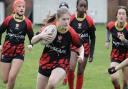 Bolton Amazons Under-14s’ Jasmine Cox is backed up by Holly Turner, Tope Oyeside and Eilidh Burns