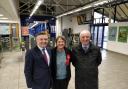 Jonathan Ashworth (left) meets Bolton Labour candidates Julie Hilling and Sir David Crausby at the town's railway station