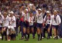 Wanderers parade their play-off trophy around Wembley after the Reading win
