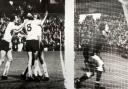 John Byrom celebrates the winner against Sunderland as keeper Jim Montgomery looks into the back of his net in sorrow