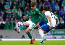 Conor Bradley in action for Northern Ireland against Greece earlier this month