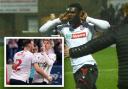 Amadou Bakayoko's famous celebration at Morecambe and, inset, Bradley joined in the fun on Tuesday night